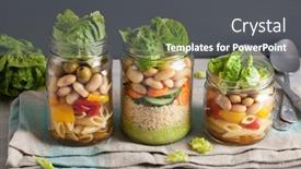  Presentation with couscous - Slide deck with vegan couscous and pasta salad in mason jars with vegetables beans background and a dark gray colored foreground