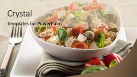  Presentation with brown rice - Audience pleasing presentation consisting of cooked food - vegetarian rice salad with tofu backdrop and a lemonade colored foreground