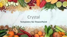  Presentation with vegan food - Colorful presentation theme enhanced with vegan health food background border with a large collection of foods high in protein vitamins minerals antioxidants fibre anthocyanins omega 3 and smart carbs ethical eating food concept backdrop and a sky blue colored foreground