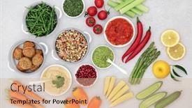  Presentation with vegan food - Presentation theme featuring vegan health food concept with plant based foods of fruit vegetables dips and meat substitutes high in vitamins minerals anthocyanins antioxidants protein fibre and smart carbs flat lay background and a coral colored foreground