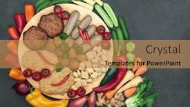  Presentation with vegan food - PPT theme having vegan health food for ethical eating with quorn meat substitute selection high in protein and fruit vegetables high in protein vitamins minerals antioxidants fibre omega 3 smart carbs background and a coral colored foreground