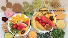  Presentation with health system - PPT layouts having vegan-health-food-for-vitality background and a coral colored foreground