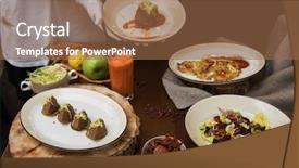  Presentation with dried food - Cool new PPT theme with vegan pancakes dried tomatoes pate backdrop and a coral colored foreground