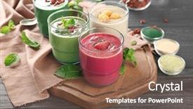 Presentation with smoothies - Beautiful PPT theme featuring vegan protein powder - glasses with different smoothies backdrop and a  colored foreground