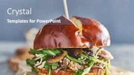  Presentation with vegan - PPT theme consisting of vegan sandwich with meatless crumbles on pretzel bun background and a light blue colored foreground