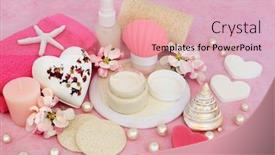  Presentation with pink pearls - Presentation theme consisting of vegan skincare beauty treatment with spa ex foliation and cleansing products with apple blossom flowers on pink background with decorative seashells and pearls background and a lemonade colored foreground