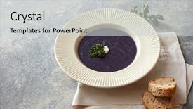  Presentation with vegan - Slide set having vegan soup on table background and a light gray colored foreground