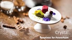  Presentation with vegan - Beautiful presentation design featuring vegan truffles dessert made of dates almound and peanut butter backdrop and a coral colored foreground