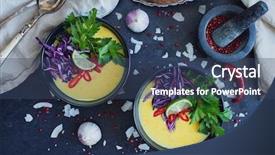  Presentation with vegetables coconut - Slides with vegana - thai coconut creamy soup background and a ocean colored foreground