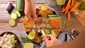  Presentation with eating - Presentation theme featuring vegetable-and-dips-with-hand background and a red colored foreground