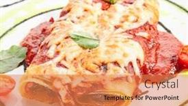  Presentation with italian cuisine - Beautiful presentation theme featuring vegetable-cannelloni-with-dorblu-cheese backdrop and a coral colored foreground