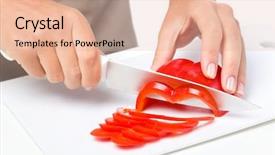  Presentation with vegetable cutting board - PPT theme enhanced with vegetable cutting board - cook is chopping bell pepper background and a coral colored foreground