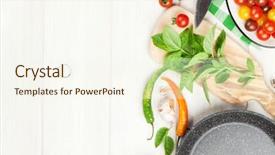  Presentation with vegetable cutting board - Amazing PPT theme having vegetable cutting board - cooking ingredients and utensils backdrop and a cream colored foreground