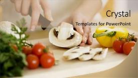  Presentation with vegetable cutting board - PPT layouts consisting of vegetable cutting board - female chopping food ingredients background and a coral colored foreground
