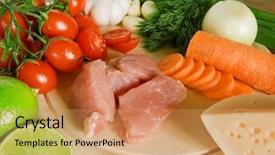  Presentation with food - Presentation having vegetable cutting board - natural fresh food background background and a coral colored foreground