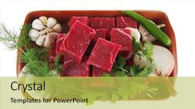  Presentation with vegetable cutting board - Beautiful PPT layouts featuring vegetable cutting board - slices of raw fresh beef backdrop and a  colored foreground