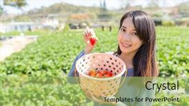  Presentation with base ball field - Slide deck featuring vegetable garden irrigation - asian woman holding basket background and a mint green colored foreground