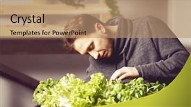  Presentation with plants growing - Amazing presentation theme having vegetable garden irrigation - handsome young grower carefully checking backdrop and a  colored foreground