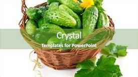 Presentation with green leaves - PPT theme with vegetable garden layout - fresh cucumbers in wicker basket background and a  colored foreground