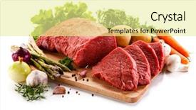 Presentation with vegetable cutting board - Audience pleasing PPT theme consisting of vegetable meat - raw beef on cutting board backdrop and a blonde colored foreground