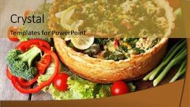  Presentation with cheese pie - PPT theme enhanced with vegetable pie with broccoli peas tomatoes and cheese on wooden background background and a gold colored foreground