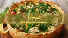  Presentation with cheese pie - PPT theme enhanced with vegetable pie with broccoli peas tomatoes and cheese on wooden background background and a tawny brown colored foreground