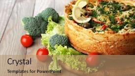  Presentation with cheese pie - Cool new PPT theme with vegetable pie with broccoli peas tomatoes and cheese on wooden background backdrop and a coral colored foreground