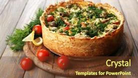  Presentation with cheese pie - Theme featuring vegetable pie with broccoli peas tomatoes and cheese on wooden background background and a tawny brown colored foreground