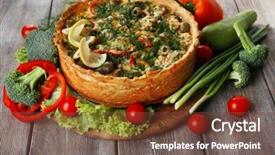  Presentation with cheese pie - Theme featuring vegetable pie with broccoli peas tomatoes and cheese on wooden background background and a tawny brown colored foreground