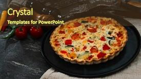  Presentation with egg pie - Amazing slide deck having vegetable pie with cherry tomatoes backdrop and a  colored foreground