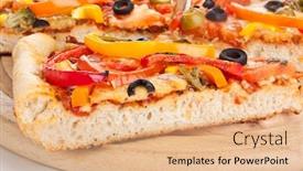  Presentation with cut - Beautiful PPT theme featuring vegetable-pizza-cut-into-slices backdrop and a coral colored foreground