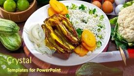  Presentation with roast beef - Presentation design enhanced with vegetable-roast-beef-and-mashed background and a tawny brown colored foreground