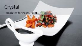  Presentation with sweet basil - PPT layouts enhanced with vegetable salad cherry tomatoes and basil with sweet baked potato served on white plate with sauceboat full blask soy sauce on wood background and a light gray colored foreground