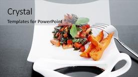  Presentation with sweet basil - Amazing PPT theme having vegetable salad cherry tomatoes and basil with sweet baked potato served on white plate with sauceboat full blask soy sauce on wood backdrop and a light gray colored foreground