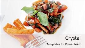  Presentation with sweet basil - Amazing slide set having vegetable salad cherry tomatoes and basil with sweet baked potato served on white plate with sauceboat full blask soy sauce on wood backdrop and a lemonade colored foreground