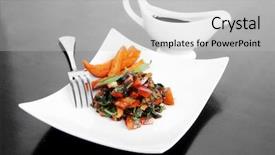  Presentation with sweet basil - Cool new presentation theme with vegetable salad cherry tomatoes and basil with sweet baked potato served on white plate with sauceboat full blask soy sauce on wood backdrop and a light gray colored foreground