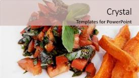  Presentation with sweet basil - Theme featuring vegetable salad cherry tomatoes and basil with sweet baked potato served on white plate with sauceboat full blask soy sauce on wood background and a soft green colored foreground