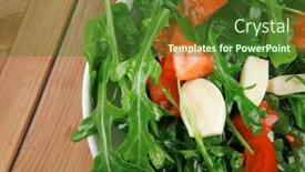  Presentation with cutlery - Amazing PPT theme having vegetable salad green salad with raw tomato and garlic in white bowl over wood served with cutlery backdrop and a forest green colored foreground