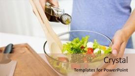  Presentation with healthy people - Audience pleasing slides consisting of vegetable salad with olive oil backdrop and a coral colored foreground