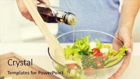  Presentation with vegetable oil - Theme having vegetable salad with olive oil background and a lemonade colored foreground