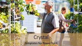  Presentation with role play woman and man - Colorful presentation theme enhanced with vegetable seed - senior man buying strawberry plants backdrop and a yellow colored foreground