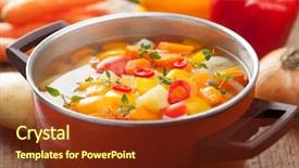  Presentation with soup - Presentation with vegetable soup in pot background and a tawny brown colored foreground