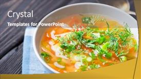  Presentation with leek soup - Colorful PPT layouts enhanced with vegetable soup with carrot tomatoes turnip and leek in white bowl on a wooden background backdrop and a gray colored foreground