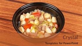  Presentation with soup - Presentation theme enhanced with vegetable soup with mushrooms closeup background and a red colored foreground