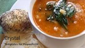  Presentation with spinach - Presentation theme with vegetable soup with white beans topped with wilted spinach and parmesan cheese served with crusty bread background and a red colored foreground