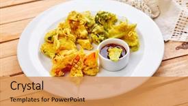  Presentation with gluten free - Beautiful PPT layouts featuring vegetable tempura vegan-gluten free backdrop and a gold colored foreground