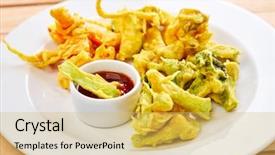  Presentation with gluten - Slide deck having vegetable tempura vegan-gluten free background and a yellow colored foreground