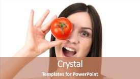  Presentation with tomato - Amazing slide deck having vegetable treatment - portrait of young woman backdrop and a coral colored foreground