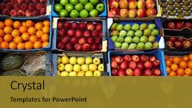  Presentation with fruits on a farm market - PPT theme featuring vegetables - fruits background in boxes display background and a gold colored foreground