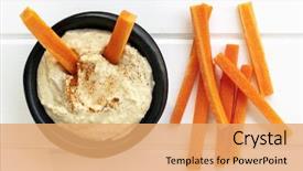  Presentation with analysis risk top view - Cool new slide deck with vegetables - hummus with carrot sticks top backdrop and a coral colored foreground